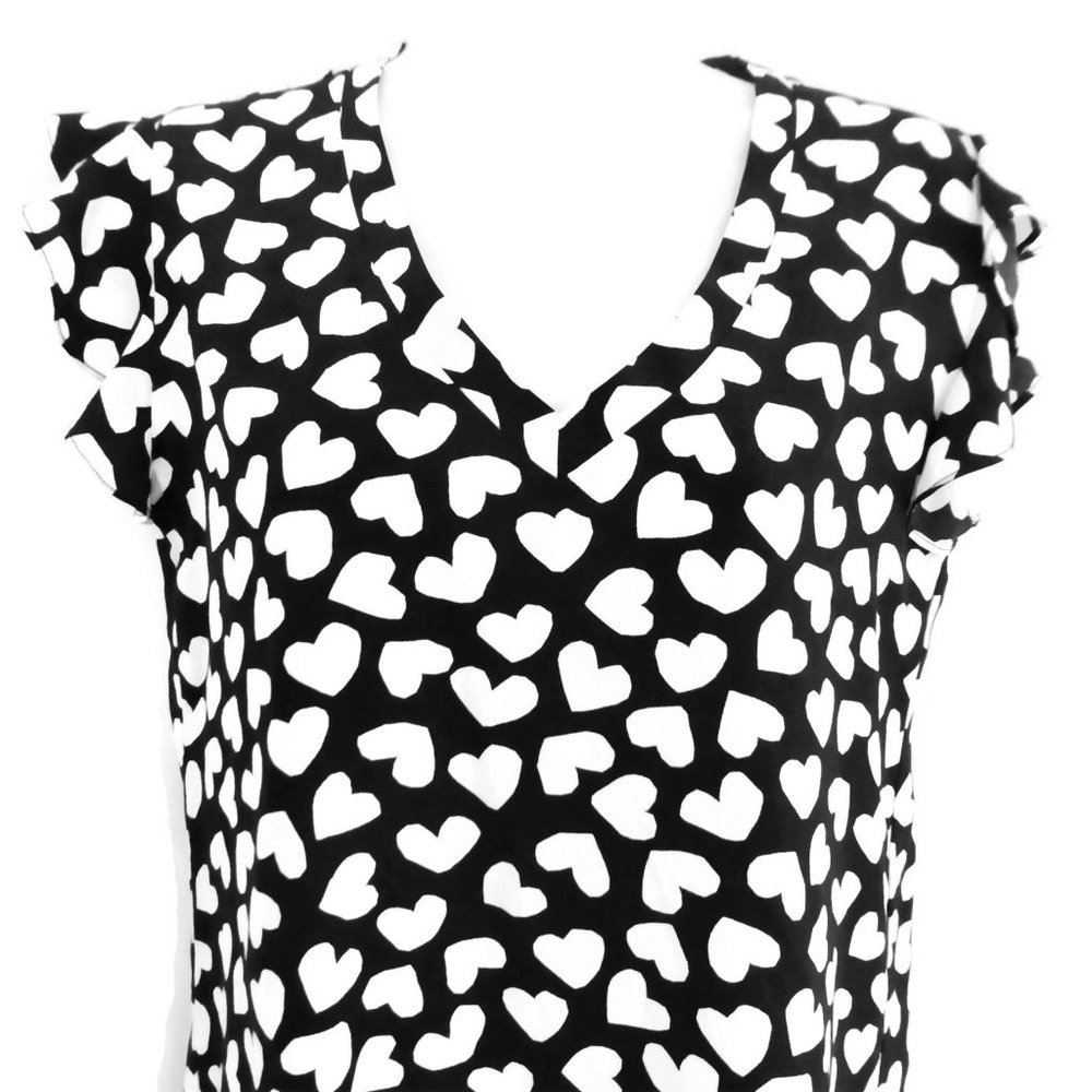 Kate Spade New York Black White Heart Blouse V Neck Flutter S